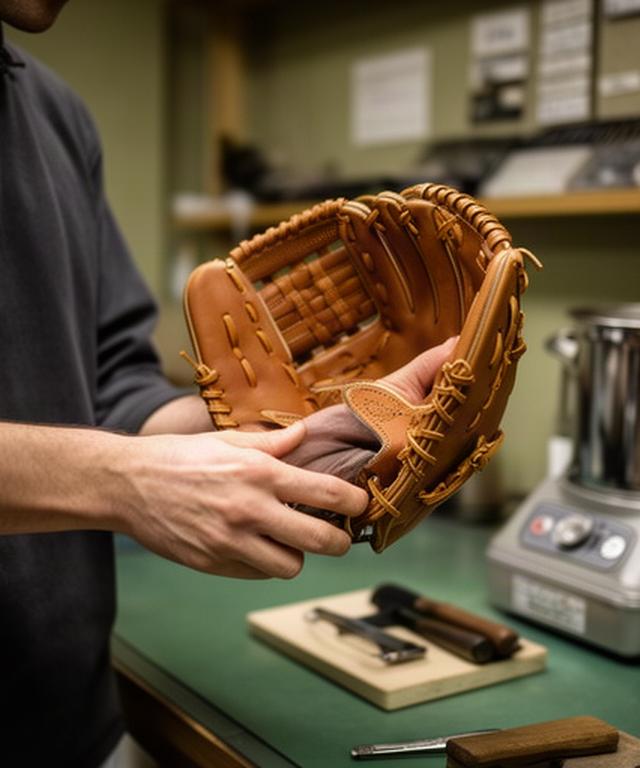 スチーム加工後の野球グラブをスタッフが手に合わせて確認する作業風景